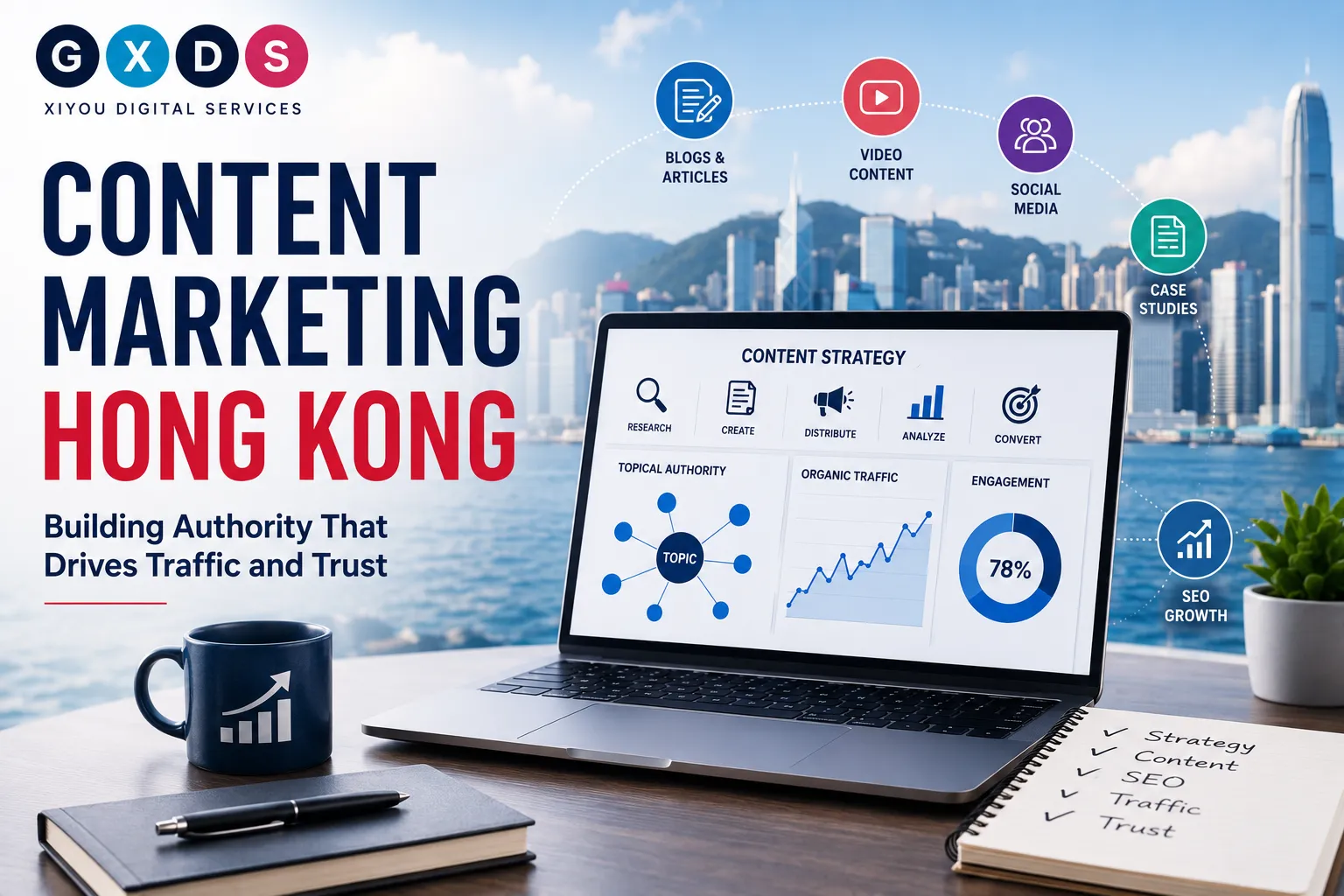 Professional illustration featuring the GXDS logo, content marketing strategy dashboard, laptop, Hong Kong skyline, SEO analytics, and digital content planning for businesses in Hong Kong.
