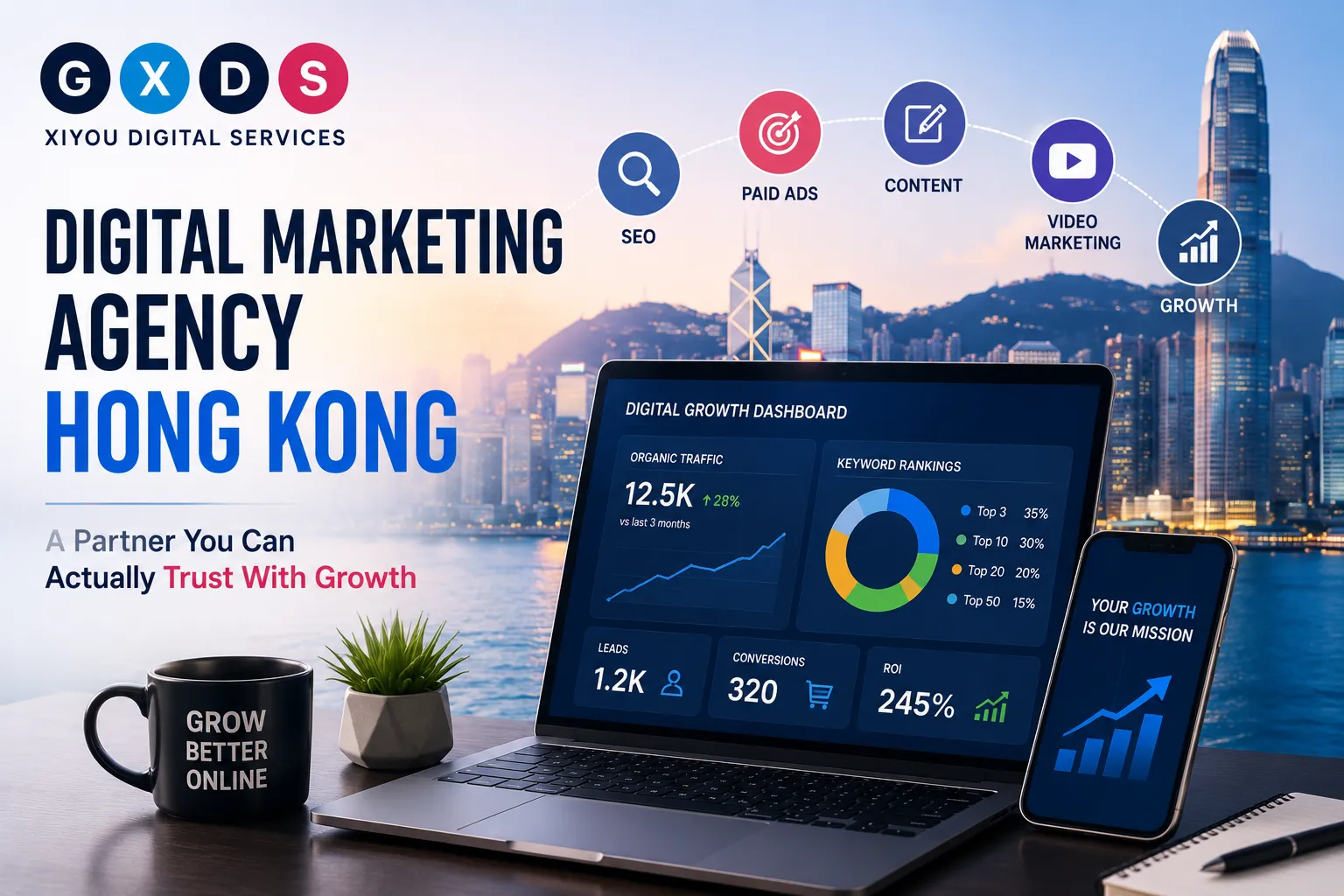 Professional illustration featuring the GXDS logo, digital marketing dashboard, laptop, Hong Kong skyline, SEO, paid advertising, content marketing, and video marketing elements representing a digital marketing agency in Hong Kong.