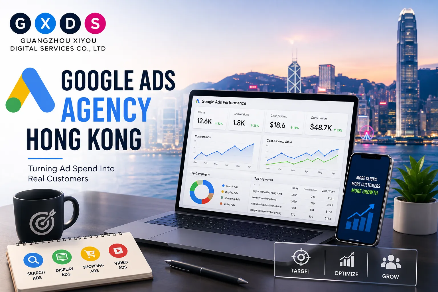 Professional illustration featuring the GXDS logo, Google Ads performance dashboard, laptop, Hong Kong skyline, PPC analytics, and smartphone representing Google Ads agency services in Hong Kong.