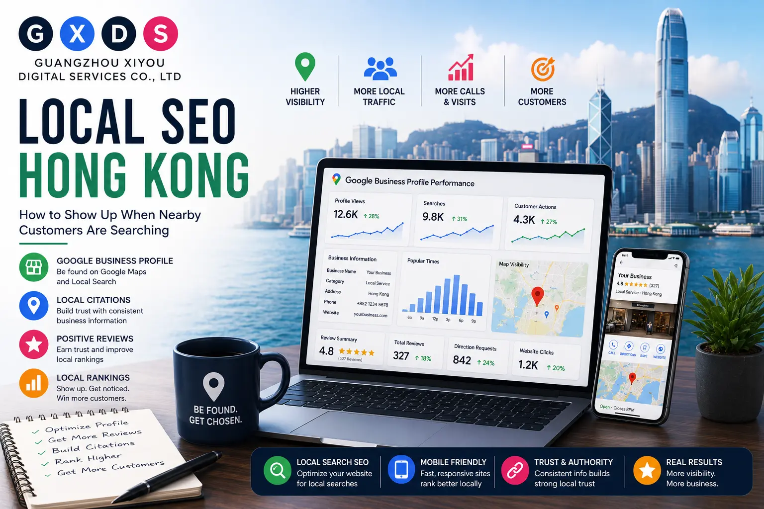 Professional illustration featuring the GXDS logo, Google Business Profile dashboard, laptop, Hong Kong skyline, Google Maps interface, local SEO analytics, and mobile search optimization for businesses in Hong Kong.