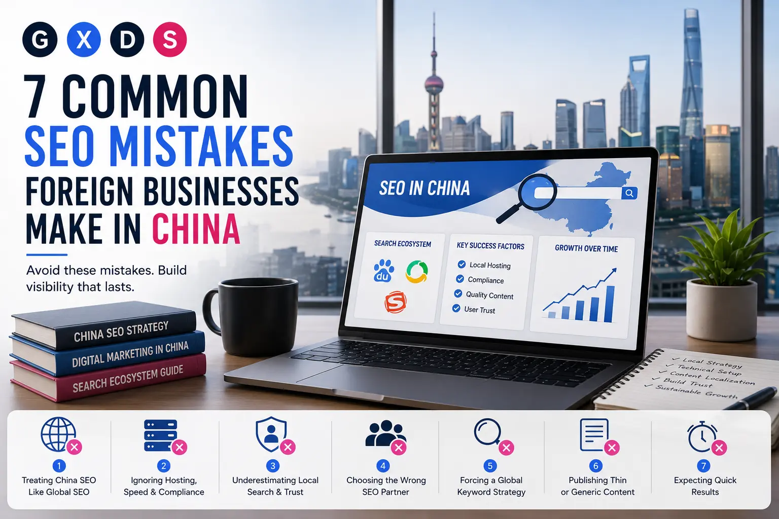 Professional illustration featuring the GXDS logo, SEO dashboard, laptop, Shanghai skyline, China SEO strategy, search analytics, and technical optimization representing common SEO mistakes foreign businesses make in China.