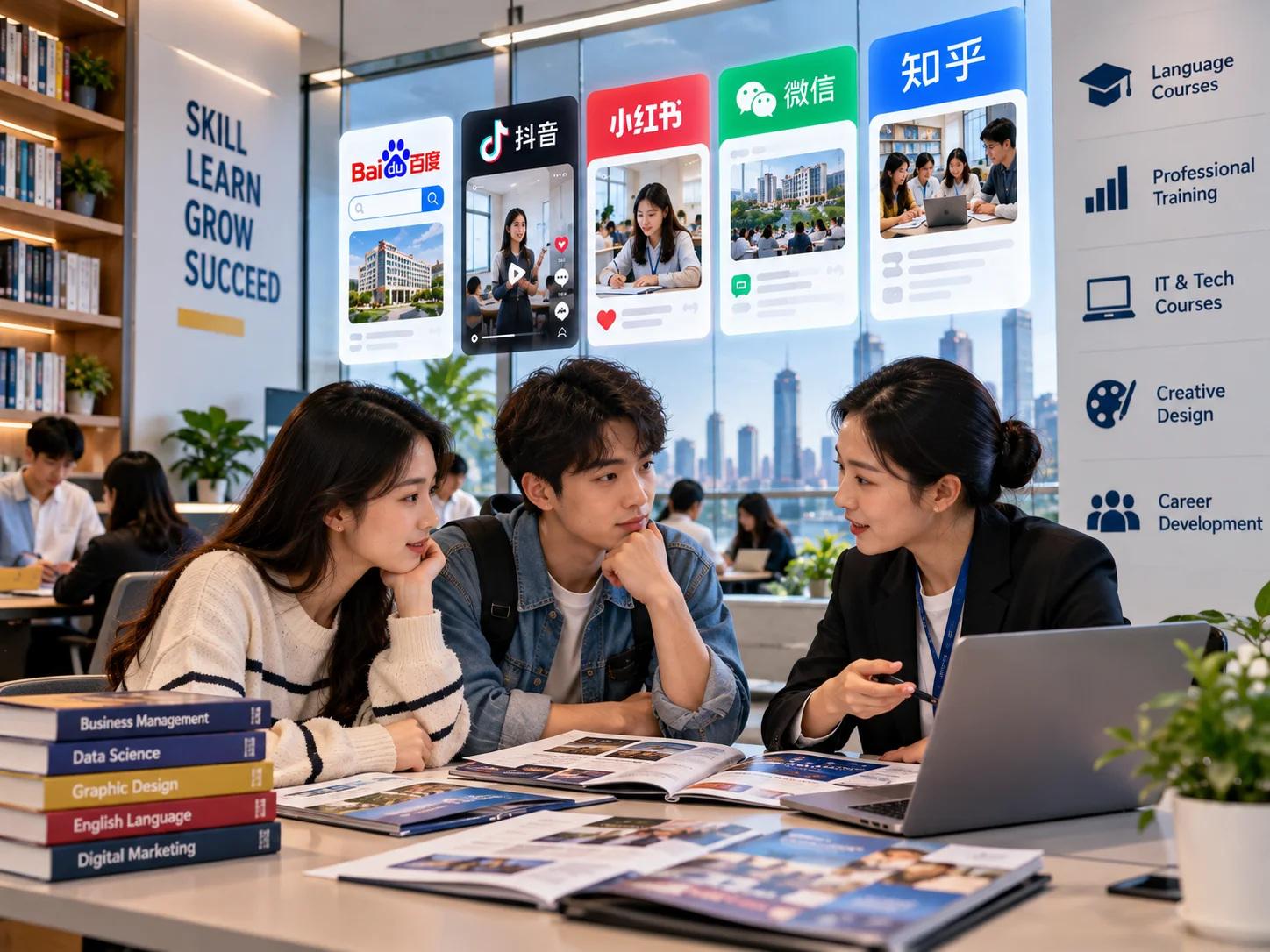 Education marketing for training institutes with students consulting an advisor about courses in a modern learning center.