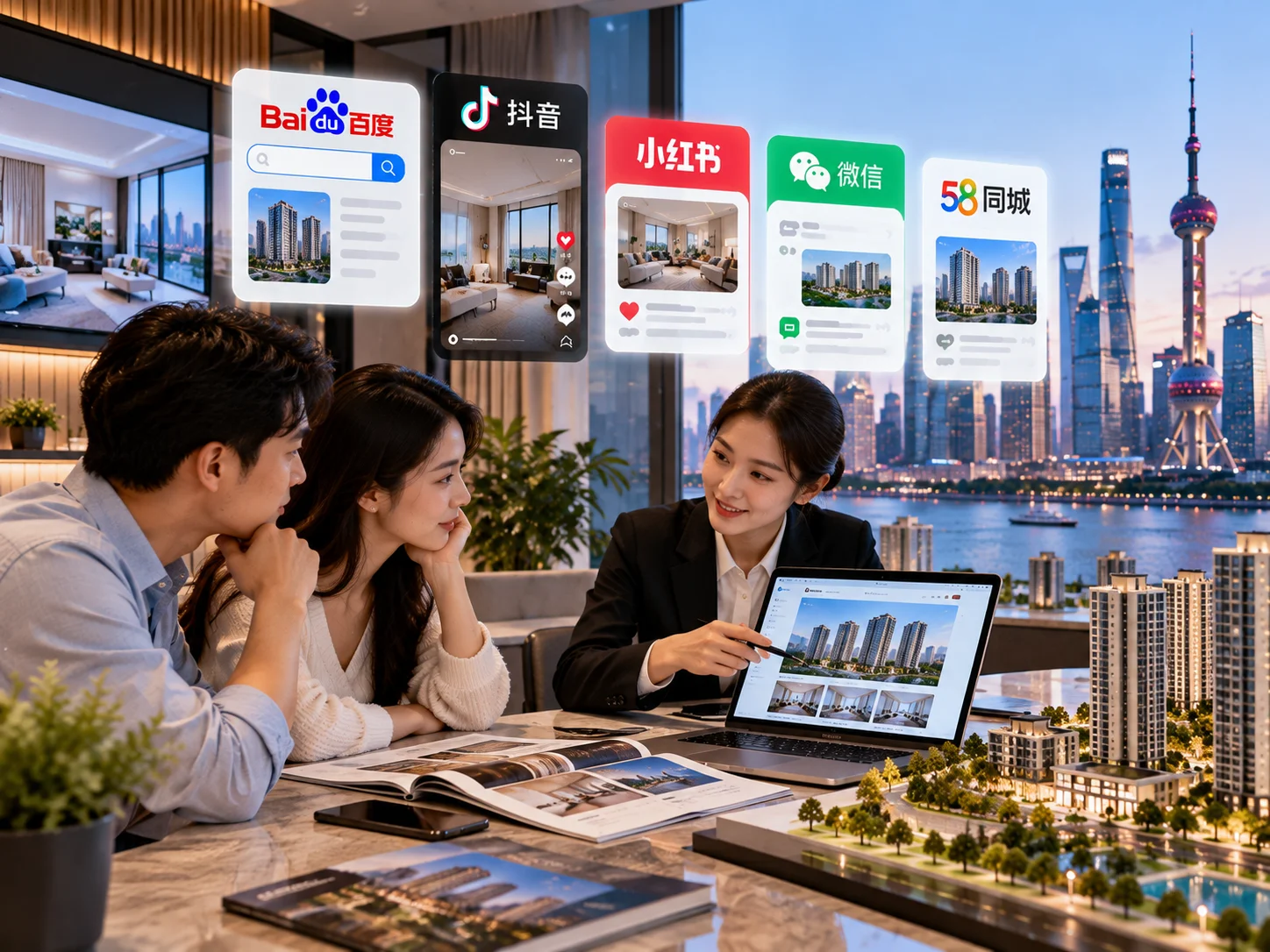 Real estate marketing in China featuring a property agent helping a couple explore residential properties, with Baidu, Douyin, Xiaohongshu, WeChat, and 58同城 platform interfaces in the background.