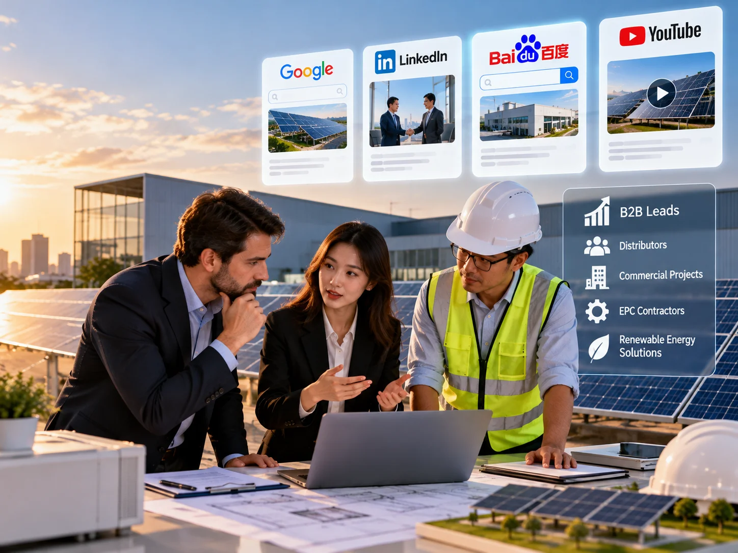 B2B solar marketing featuring business professionals reviewing project plans at a solar installation, with digital marketing platforms and lead generation strategies in the background.